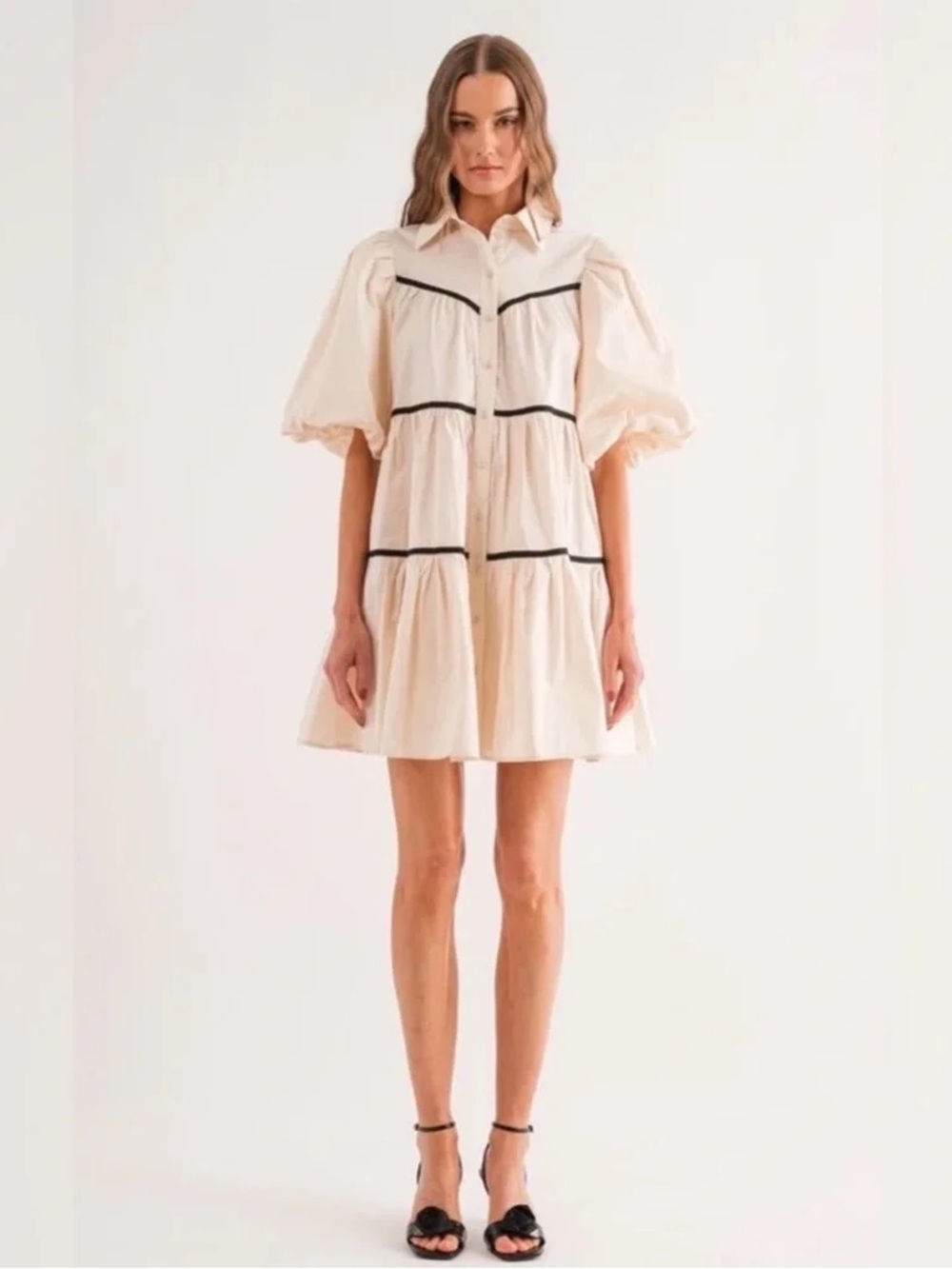Sofie The Label Lena Baby Doll Shirt Dress Puff Sleeves Ivory & Black Size S